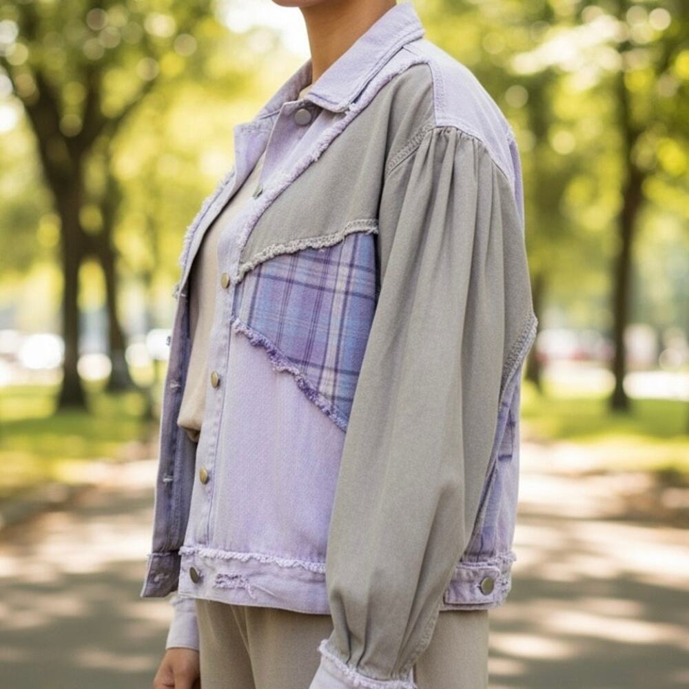 Pol Plaid Mixed Media Boho Shacket Women's Small Purple Gray Hippie